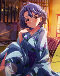 Rule 34 | 10s, 1girl, artist request, blue hair, brown eyes, chair, idolmaster, idolmaster million live!, japanese clothes, kimono, looking at viewer, official art, short hair, smile, solo, toyokawa fuka