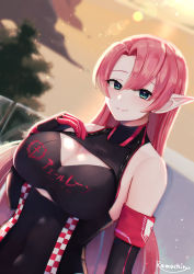 Rule 34 | 1girl, artist name, azur lane, bare shoulders, black gloves, breasts, cleavage, cleavage cutout, clothing cutout, dress, duke of york (azur lane), duke of york (prestige of the glorious formula) (azur lane), dutch angle, elbow gloves, gloves, green eyes, hair between eyes, highres, large breasts, long hair, looking at viewer, pink hair, pointy ears, race queen, ramachiru, skin tight, skindentation, solo, taut clothes, taut dress, underboob cutout, very long hair