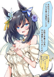 Rule 34 | 1girl, alternate costume, black hair, blue eyes, blush, breasts, bridal veil, cleavage, collarbone, commentary request, dress, eishin flash (umamusume), flower, hair between eyes, hair flower, hair ornament, horse girl, jewelry, looking at viewer, medium breasts, necklace, nodachi (artist), simple background, solo, translation request, umamusume, veil, wedding dress, white background