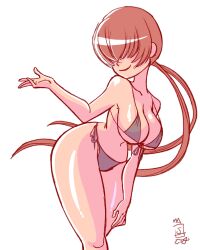 1girl ass bent_over bikini black_bikini breasts busty_female curvy female_focus huge_ass huge_breasts jaliet_exe large_breasts long_hair looking_back pale_skin ponytail red_hair shermie_(kof) smile standing swimsuit the_king_of_fighters thick_thighs thighs underboob wide_hips