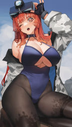 Rule 34 | 1girl, absurdres, arm up, black gloves, blue one-piece swimsuit, blush, breasts, brown pantyhose, clothing cutout, fingerless gloves, gloves, goggles, goggles on head, grey jacket, highleg, highleg swimsuit, highres, jacket, large breasts, last origin, leprechaun (last origin), long hair, long sleeves, looking at viewer, off shoulder, one-piece swimsuit, one eye closed, open clothes, open jacket, open mouth, orange eyes, orange hair, pantyhose, pantyhose under swimsuit, sitting, solo, swimsuit, thigh strap, tunamayo (dsasd751), underboob cutout, very long hair, wet legwear