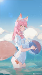 Rule 34 | 1girl, animal ears, ball, beachball, bikini, blue bikini, blue sky, breasts, cloud, convenient censoring, day, fate/grand order, fate (series), fox ears, fox tail, highres, large breasts, lens flare, long hair, ocean, outdoors, pink hair, see-through, shirt, side-tie bikini bottom, sky, solo, swimsuit, tail, tamamo (fate), tamamo no mae (fate/extra), tamamo no mae (swimsuit lancer) (fate), tamamo no mae (swimsuit lancer) (second ascension) (fate), wading, weibo username, wet, wet clothes, wet hair, wet shirt, wo xuyao jiashui, yellow eyes