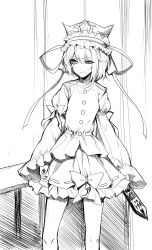 Rule 34 | 1girl, absurdres, bow, commentary request, dress, feet out of frame, gachimuchi pants wrestling, greyscale, hair between eyes, hat, highres, holding, juliet sleeves, long sleeves, monochrome, petticoat, puffy sleeves, ribbon-trimmed skirt, ribbon trim, rod of remorse, sheya, shiki eiki, short hair, sketch, solo, standing, thighs, touhou, vest, wide sleeves, wrestling (series)