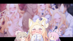 Rule 34 | 1boy, 3girls, animal ears, bar censor, blonde hair, blue archive, blue bow, blush, bow, censored, cross halo, dress, flying sweatdrops, forehead, fox ears, hair bun, halo, hetero, highres, letterboxed, light brown hair, long hair, mika (blue archive), morino831, multiple girls, nagisa (blue archive), open mouth, parted bangs, penis, pink hair, seia (blue archive), sensei (blue archive), sex, single hair bun, sleeveless, sleeveless dress, sleeves past fingers, sleeves past wrists, sweatdrop, white dress, yellow eyes
