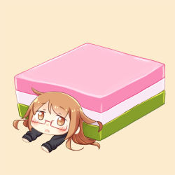 Rule 34 | 1girl, blush, brown eyes, brown hair, chibi, commentary request, food, glasses, hinamatsuri, hinata yuu, hishimochi, in food, kantai collection, long hair, long sleeves, looking at viewer, lying, mini person, minigirl, mochizuki (kancolle), on stomach, open mouth, oversized object, red-framed eyewear, simple background, size difference, solo