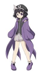 Rule 34 | 1other, androgynous, baila kuangzi, black hair, black hat, black shirt, chinese commentary, coat, commentary request, frilled hat, frilled shorts, frills, full body, hat, highres, len&#039;en, long sleeves, open clothes, open coat, other focus, purple coat, purple eyes, purple footwear, shirt, shitodo kuroji, short hair, shorts, simple background, sleeveless, sleeveless shirt, sleeves past wrists, socks, triangular headpiece, white background, white shorts, white socks, wide sleeves