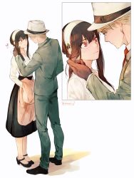 Rule 34 | 1boy, 1girl, black hair, blonde hair, blush, couple, ear blush, formal, full body, gloves, green eyes, hairband, hat, highres, holding, holding clothes, long hair, long skirt, looking at another, maiii (smaii i), necktie, red eyes, red necktie, sidelocks, skirt, spy x family, suit, twilight (spy x family), white background, white hairband, yor briar