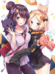 Rule 34 | 2girls, abigail williams (fate), abigail williams (traveling outfit) (fate), bad id, bad pixiv id, bag, balloon, bandaid, bandaid on face, bandaid on forehead, belt, black bow, black jacket, blonde hair, blue eyes, blush, bow, breasts, closed mouth, collarbone, crossed bandaids, fate/grand order, fate (series), forehead, hair bow, hair bun, hair ornament, hairpin, heroic spirit traveling outfit, high collar, highres, hip focus, hood, hoodie, jacket, katsushika hokusai (fate), katsushika hokusai (traveling outfit) (fate), licking lips, long hair, long sleeves, looking at viewer, masayo (gin no ame), md5 mismatch, medium breasts, multiple girls, octopus, official alternate costume, one eye closed, orange bow, pants, parted bangs, pencil, polka dot, polka dot bow, purple eyes, purple hair, purple pants, resolution mismatch, short hair, shoulder bag, single hair bun, sleeves past fingers, sleeves past wrists, stuffed animal, stuffed toy, teddy bear, thighs, tokitarou (fate), tongue, tongue out, white jacket, zipper pull tab