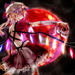 Rule 34 | 1girl, bandages, blood, embodiment of scarlet devil, female focus, fingernails, flandre scarlet, from behind, full moon, glowing, glowing wings, hat, holding, long fingernails, moon, nozaki tsubata, outstretched arm, red moon, skull, solo, touhou, wings
