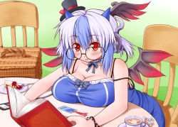 Rule 34 | 1girl, alternate costume, asamura hiori, bare shoulders, basket, bespectacled, blue hair, blush, bookmark, bracelet, breast rest, breasts, cake, cappuccino, chair, cleavage, contemporary, cup, digital media player, female focus, flower, food, glasses, head wings, headphones, jewelry, large breasts, latte art, looking at viewer, multicolored hair, oversized object, reading, red eyes, rose, single head wing, sitting, solo, strap slip, table, tokiko (touhou), touhou, two-tone hair, wings