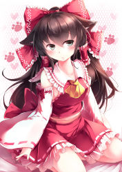 Rule 34 | 1girl, absurdres, animal ears, ascot, bare shoulders, blouse, blush, bow, breasts, brown hair, cat ears, cat girl, closed mouth, collarbone, collared shirt, commentary request, detached sleeves, frilled bow, frilled hair tubes, frilled shirt collar, frilled skirt, frills, gradient background, green eyes, hair bow, hair ribbon, hair tubes, hakurei reimu, heart, heart background, highres, honeycomb (pattern), honeycomb background, kanzakietc, kemonomimi mode, lips, long hair, looking at viewer, medium breasts, midriff, no bra, paw print, paw print background, red bow, red shirt, red skirt, ribbon, ribbon-trimmed sleeves, ribbon trim, seiza, shirt, sideboob, sitting, skirt, solo, touhou, white background, wide sleeves, yellow ascot