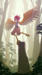 Rule 34 | 1girl, absurdres, animal ears, bird ears, bird legs, blue eyes, breasts, brown feathers, brown wings, earrings, feathered wings, feathers, forest, harpy, reina (mon-musu quest!), highres, jewelry, looking at viewer, mon-musu quest!, monster girl, nature, outdoors, pink hair, revealing clothes, short hair with long locks, sidelocks, small breasts, smile, solo, taking off, talons, to kage p, winged arms, wings