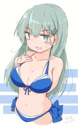 bikini blue_bikini breasts cleavage commentary_request cosplay cowboy_shot curse_(023) front-tie_bikini_top front-tie_top green_hair grey_eyes hand_on_own_chest highres kantai_collection large_breasts long_hair one-hour_drawing_challenge shigure_(kancolle) shigure_(kancolle)_(cosplay) shigure_kai_san_(kancolle) shigure_kai_san_(kancolle)_(cosplay) shigure_kai_san_(swimsuit)_(kancolle) side-tie_bikini_bottom suzuya_(kancolle) swimsuit two-tone_background white_background