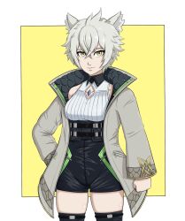 Rule 34 | 1girl, animal ears, belt, cat ears, cat girl, clenched hand, collar, crystal, ememtrp, hair between eyes, hand on own hip, highres, jacket, messy hair, na&#039;el (xenoblade), open clothes, open jacket, shirt, simple background, sleeveless, solo focus, thick thighs, thighs, white shirt, xenoblade chronicles (series), xenoblade chronicles 3, xenoblade chronicles 3: future redeemed, yellow background, yellow eyes