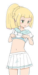 Rule 34 | 1girl, absurdres, blonde hair, blush, clothes lift, commentary request, cowboy shot, creatures (company), game freak, highres, lifting own clothes, lillie (pokemon), long hair, midriff, nagitaro, navel, nintendo, open mouth, pleated skirt, pokemon, pokemon sm, ponytail, sailor collar, shirt, shirt lift, short sleeves, simple background, skirt, solo, sweatdrop, tongue, white background, white shirt, white skirt