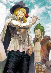 Rule 34 | 2boys, bartolomeo, blonde hair, cavendish, coat, coat on shoulders, flower, frills, green hair, hat, holding, holding flower, male focus, multiple boys, one piece, open clothes, open shirt, outdoors, rose, smile, yashi vv