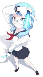 Rule 34 | 1girl, absurdres, aqua-framed eyewear, arm up, black sailor collar, black skirt, blue hair, bright pupils, brown eyes, character request, collarbone, copyright request, foreshortening, full body, glasses, glowstick, highres, holding glowstick, light blue hair, loafers, long hair, long sleeves, looking at viewer, neckerchief, p-san (sansin), pleated skirt, red neckerchief, sailor collar, school uniform, serafuku, shadow, shoes, simple background, skirt, smile, socks, solo, thighhighs, twintails, v, white background, white pupils