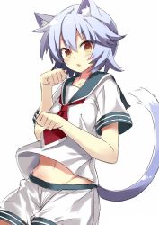 Rule 34 | 10s, 1girl, 501092-taka, animal ears, aqua hair, blush, breasts, brown eyes, cat ears, cat tail, clenched hands, fang, kantai collection, kemonomimi mode, looking at viewer, midriff, navel, neckerchief, paw pose, sailor collar, school uniform, serafuku, short hair, shorts, simple background, small breasts, solo, tail, tama (kancolle), white background