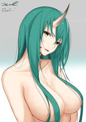 Rule 34 | 1girl, arknights, breasts, cleavage, collarbone, dated, gradient background, green hair, hair censor, head tilt, highres, horns, hoshiguma (arknights), large breasts, long hair, looking at viewer, nude, parted lips, signature, single horn, skin-covered horns, solo, twitter username, unel, upper body, yellow eyes