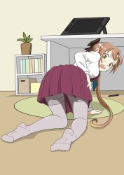 Rule 34 | 1girl, akigumo (kancolle), all fours, ass, ass focus, brown hair, collared shirt, desk, drawing tablet, dress, dress shirt, green eyes, grey pantyhose, highres, kantai collection, looking at viewer, looking back, open mouth, pantyhose, pleated dress, ponytail, purple dress, school uniform, shelf, shirt, solo, stylus, suou (oborokwaii), teeth, thighband pantyhose, upper teeth only, white shirt