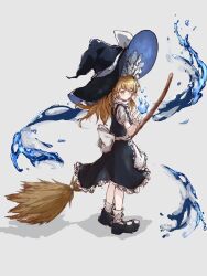 Rule 34 | 1girl, apron, black dress, black footwear, blonde hair, bow, broom, dress, energy, energy ball, frilled dress, frills, full body, grey background, hat, hat bow, highres, kirisame marisa, large hat, myui17901139, shadow, simple background, socks, solo, standing, touhou, white apron, white bow, white socks, witch hat