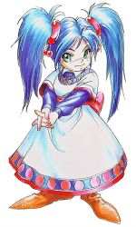 Rule 34 | 1990s (style), 1girl, blue hair, breath of fire, breath of fire ii, brown footwear, child, dress, full body, green eyes, long sleeves, looking at viewer, lowres, non-web source, official art, own hands together, pointy footwear, retro artstyle, simple background, solo, standing, twintails, white background, yua bateson
