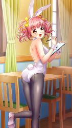 Rule 34 | 1girl, :d, animal ears, backless leotard, bare arms, bow, doukyuusei, doukyuusei another world, fake animal ears, game cg, grey pantyhose, hair bow, hairband, holding, indoors, leotard, long hair, looking at viewer, looking back, open mouth, pantyhose, pink hair, playboy bunny, rabbit ears, shoulder blades, smile, solo, standing, suzuhi miho, twintails, twisted torso, white hairband, white leotard, wrist cuffs, yellow bow, yellow eyes