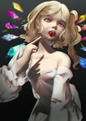 Rule 34 | 1girl, absurdres, alternate costume, bad id, bad twitter id, bare shoulders, black background, blonde hair, blurry, candy, commentary, crystal, depth of field, dress, fingernails, flandre scarlet, food, highres, holding, holding candy, holding food, holding lollipop, lollipop, long fingernails, medium hair, monstermix, one side up, open mouth, red eyes, red nails, solo, touhou, white dress, wings