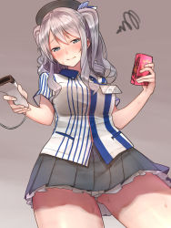 Rule 34 | 10s, 1girl, alternate costume, baffu, barcode scanner, beret, blue eyes, blush, box, character name, clerk, closed mouth, collared shirt, condom box, cowboy shot, dress shirt, employee uniform, frills, gluteal fold, gradient background, grey background, grey hair, grey skirt, hair ornament, hat, highres, holding, kantai collection, kashima (kancolle), lawson, long hair, looking at viewer, miniskirt, name tag, panties, pantyhose, pantyshot, pleated skirt, shirt, short sleeves, simple background, skirt, smile, solo, squiggle, store clerk, striped, sweat, two side up, underwear, uniform, upskirt, white panties