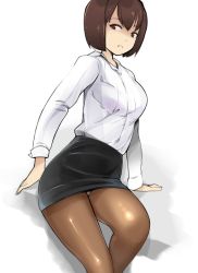 Rule 34 | 10s, 1girl, alternate costume, arm support, bad id, bad pixiv id, brown eyes, brown hair, brown pantyhose, hyuuga (kancolle), kantai collection, miniskirt, office lady, panties, panties under pantyhose, pantyhose, pantyshot, pencil skirt, short hair, sitting, skirt, solo, topo (bacchustab), topo bevitore, underwear, upskirt