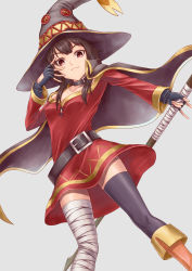 Rule 34 | 10s, 1girl, absurdres, bandages, belt, black hair, black thighhighs, blush, cape, collar, dress, dutch angle, fingerless gloves, gloves, hat, highres, kono subarashii sekai ni shukufuku wo!, looking at viewer, megumin, mura (1007mura), red eyes, short hair, simple background, single thighhigh, smile, solo, staff, thighhighs, witch hat