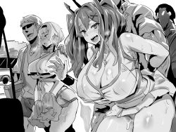 Rule 34 | 2girls, 3boys, absurdres, arm behind back, azur lane, bag, bare shoulders, blush, breasts, bremerton (azur lane), bremerton (scorching-hot training) (azur lane), bus, cheerleader, cleavage, commentary request, covered erect nipples, crop top, crop top overhang, curvy, drums (artist), greyscale, hair between eyes, hair ornament, hairband, hand on another&#039;s shoulder, headgear, heart, heart necklace, hetero, highres, holding, holding pom poms, jewelry, large breasts, midriff, monochrome, motor vehicle, multicolored hair, multiple boys, multiple girls, necklace, open mouth, outdoors, pleated skirt, pom pom (cheerleading), pom poms, reno (azur lane), reno (biggest little cheerleader) (azur lane), shirt, short hair, short sleeves, shorts, skirt, sleeveless, sleeveless shirt, sportswear, streaked hair, sweat, t-shirt, tennis uniform, thighs, two-tone skirt, two side up, underboob, white skirt, x hair ornament
