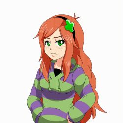 Rule 34 | &gt;:(, 1girl, 4chan, angry, animated, animated gif, blinking, blush, clover, clover hair ornament, drawstring, english text, eyelashes, four-leaf clover, freckles, frown, green eyes, hair ornament, hairband, hands in pockets, hood, hoodie, lewdamone, long hair, long sleeves, looking at viewer, macro, meme, open mouth, orange hair, outstretched arm, parted bangs, pointing, pointing at viewer, profanity, shadow, sidelocks, simple background, solo, striped clothes, striped hoodie, swept bangs, upper body, v-shaped eyebrows, very long hair, vivian james, white background