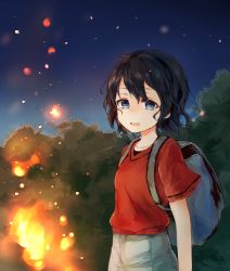 Rule 34 | 10s, 1girl, :d, absurdres, backpack, bag, black hair, blue eyes, collarbone, cowboy shot, dot nose, fire, from side, highres, hinamori, kaban (kemono friends), kemono friends, looking at viewer, no headwear, no headwear, open mouth, outdoors, red shirt, shirt, short hair, short sleeves, shorts, sky, smile, solo, spoilers, tareme, tree, wavy hair, wind