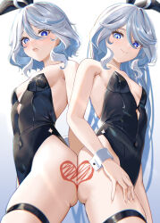 Rule 34 | 2girls, alternate costume, animal ears, ass, bare arms, bare shoulders, black leotard, blue eyes, blue hair, blush, breasts, closed mouth, commentary request, covered navel, fake animal ears, from below, furina (genshin impact), genshin impact, gradient background, hair between eyes, hayashi takeo, heart, highres, leotard, long hair, looking at viewer, multiple girls, open mouth, playboy bunny, rabbit ears, short hair, simple background, small breasts, smile, thigh strap, thighs, white background, wrist cuffs