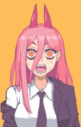 Rule 34 | 1girl, black neckwear, business suit, chainsaw man, collared shirt, cross-shaped pupils, crosshair pupils, demon girl, demon horns, fangs, formal, hair between eyes, hair over shoulder, hcnone, highres, horns, off-shoulder jacket, off shoulder, orange eyes, pink hair, power (chainsaw man), red horns, sharp teeth, shirt, simple background, solo, suit, sweat, nervous sweating, symbol-shaped pupils, teeth, upper body, white shirt, wide-eyed, wing collar, yellow background