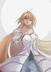 Rule 34 | 1girl, ahoge, archetype earth, arcueid brunestud, bare shoulders, blonde hair, breasts, collarbone, commentary request, detached sleeves, dress, gold trim, hair between eyes, hair intakes, half-closed eyes, highres, kawabata, large breasts, long hair, looking at viewer, melty blood, reaching, reaching towards viewer, red eyes, simple background, solo, strapless, strapless dress, tsukihime, upper body, very long hair, white background, white dress, white sleeves