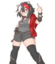 Rule 34 | 1girl, black hair, black thighhighs, bracelet, grey horns, grey shirt, grey shorts, grin, hand on own hip, horns, index finger raised, jewelry, kijin seija, looking at viewer, mizusoba, multicolored hair, open clothes, open vest, pendant, pointing, pointing at viewer, red eyes, red hair, red vest, shirt, short hair, shorts, simple background, smile, solo, spiked bracelet, spikes, standing, streaked hair, thighhighs, touhou, vest, white background, white hair