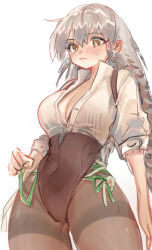Rule 34 | 1girl, absurdres, alternate costume, arknights, black leotard, blush, breasts, brown eyes, brown pantyhose, cleavage, closed mouth, commentary, covered navel, cowboy shot, cross-laced clothes, fartooth (arknights), feather hair, grey hair, hair between eyes, highres, kaguura (kagu), leotard, long hair, looking down, medium breasts, pantyhose, partially unbuttoned, shirt, simple background, sketch, solo, standing, suspenders, sweat, thighband pantyhose, white background, white shirt