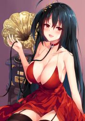 Rule 34 | 1girl, :d, ahoge, arm at side, azur lane, bare arms, bare shoulders, black hair, black thighhighs, blush, breasts, cleavage, cocktail dress, collar, collarbone, commentary request, dress, garter straps, hair between eyes, hair ornament, half-closed eyes, hand up, highres, holding, holding leash, large breasts, leash, long hair, looking at viewer, official alternate costume, one side up, open mouth, phonograph, red dress, red eyes, revision, simple background, sitting, smile, solo, taihou (azur lane), taihou (forbidden feast) (azur lane), thighhighs, unacchi (nyusankin), very long hair
