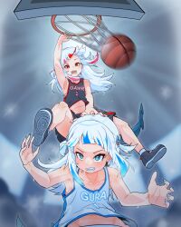 Rule 34 | 2girls, ball, basketball, basketball (object), basketball hoop, basketball uniform, blue eyes, blue hair, blunt bangs, camera flash, dual persona, fins, fish tail, gawr gura, grey hair, hair ornament, hand on another&#039;s head, highres, hololive, hololive english, moral cacoethes, multicolored hair, multiple girls, number print, open mouth, playing sports, red eyes, red hair, reflect (gawr gura), shark girl, shark tail, sharp teeth, slam dunk (basketball), sportswear, streaked hair, sweat, tail, teeth, virtual youtuber