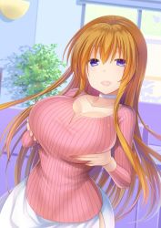Rule 34 | 1girl, :d, bad id, bad twitter id, blue eyes, blush, breast hold, breast lift, breasts, choker, cleavage, collarbone, cowboy shot, large breasts, lifted by self, long hair, long sleeves, looking at viewer, open mouth, orange hair, original, ribbed shirt, shigemiya kyouhei, shirt, skirt, smile, solo, white skirt