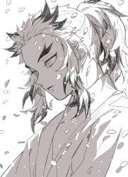 Rule 34 | 1boy, aged down, backlighting, closed mouth, colored tips, day, forked eyebrows, from side, greyscale, highres, japanese clothes, kimetsu no yaiba, kimono, long sleeves, looking away, looking down, male focus, monochrome, multicolored hair, otayumaru, petals, ponytail, portrait, rengoku kyoujurou, sidelocks, simple background, solo, streaked hair, wind