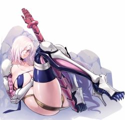 Rule 34 | 1girl, bad id, bad pixiv id, bare shoulders, belt, black choker, blue thighhighs, breast curtains, choker, collarbone, covered erect nipples, hair over one eye, high heels, highres, long hair, looking at viewer, lying, mad chimera world, mechanical arms, parted lips, pink eyes, pink hair, pink lips, revealing clothes, rock, shiny skin, simple background, single mechanical arm, solo, sword, thighhighs, usagi (mad chimera world), weapon, white background, wotecho