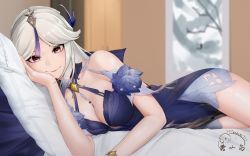 Rule 34 | 1girl, bare shoulders, bedroom, blue dress, bracelet, breasts, chunxiaoniao, cleavage, dress, eyeliner, genshin impact, hair ornament, hair tassel, hand on own cheek, hand on own face, jewelry, large breasts, long hair, looking at viewer, lying, nail polish, ningguang (genshin impact), ningguang (orchid&#039;s evening gown) (genshin impact), official alternate costume, on bed, on side, parted bangs, pillow, red eyeliner, red eyes, signature, smile, solo, tassel, tassel hair ornament, thighs, white hair, yellow nails