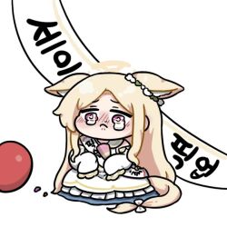 Rule 34 | 1girl, animal ears, balloon, banner, beleullin, blonde hair, blue archive, chibi, cruciform halo, crying, crying with eyes open, dress, flower wreath, fox ears, frown, gradient eyes, halo, long hair, multicolored eyes, sad, seia (blue archive), sleeves past fingers, sleeves past wrists, sobbing, tail, tearing up, tears, translation request, white background, white dress, yellow halo