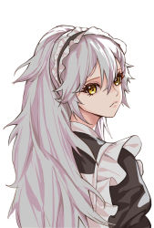 Rule 34 | 1girl, back, closed mouth, danxing aipangzi, from side, gepard m1 (contracted today) (girls&#039; frontline), gepard m1 (girls&#039; frontline), girls&#039; frontline, grey hair, highres, long hair, looking at viewer, maid, maid headdress, official alternate costume, solo, upper body, very long hair, white background, yellow eyes