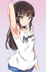 Rule 34 | 1girl, absurdres, ahharahhar, arm up, armpits, bad id, bad twitter id, black hair, breasts, clothes writing, collarbone, commentary, gradient background, green eyes, group name, hair ornament, hairclip, highres, kurosawa dia, long hair, looking at viewer, love live!, love live! sunshine!!, mole, mole under mouth, purple background, shirt, simple background, small breasts, smile, solo, tank top, upper body, white shirt