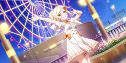 Rule 34 | 1girl, absurdres, arm up, blonde hair, blush, city, crown, dress, earrings, eien no isshun (love live!), fence, ferris wheel, fingerless gloves, flower, gloves, grin, hair flower, hair ornament, hair ribbon, hairclip, hand up, highres, jewelry, lamppost, long hair, looking at viewer, love live!, love live! nijigasaki high school idol club, love live! school idol festival all stars, mini crown, miyashita ai, neck ribbon, night, night sky, official art, outdoors, parted bangs, pearl hair ornament, ponytail, railing, ribbon, short sleeves, sky, smile, solo, sparkle, star (sky), x hair ornament, yellow eyes