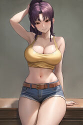 Rule 34 | 1girl, alternate breast size, arm support, arm up, armpits, bare legs, bare shoulders, belt, breasts, brown belt, brown eyes, cleavage, crop top, denim, denim shorts, female focus, grey background, grin, gyunzai, hand in own hair, high ponytail, katsuragi misato, large breasts, long hair, looking at viewer, midriff, navel, neon genesis evangelion, parted lips, ponytail, purple hair, short shorts, shorts, sidelocks, simple background, sitting, smile, solo, stomach, tank top, teeth, thighs, yellow tank top